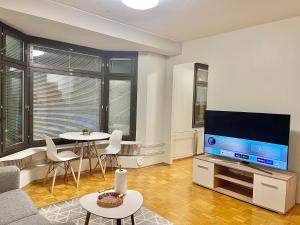 uma sala de estar com um sofá e uma televisão em Puma's central flat in Helsinki em Helsinque