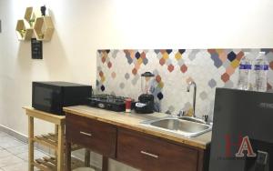 encimera de cocina con fregadero y microondas en Hospedaje Aldana Apartamento AURA Centro Histórico, en Tuxpan de Rodríguez Cano