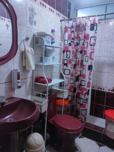 y baño con lavabo, aseo y ducha. en MUNAYCHA`S WASI, en Cusco