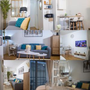 een collage van foto's van een woonkamer en keuken bij Le Beverley Studio in Blain
