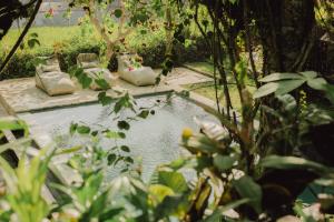 un pequeño estanque en un jardín con 2 almohadas en Villa Lumbung en Ubud