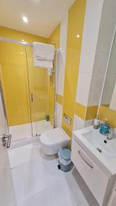 a bathroom with a shower and a toilet and a sink at PPL Apartments in Sheffield