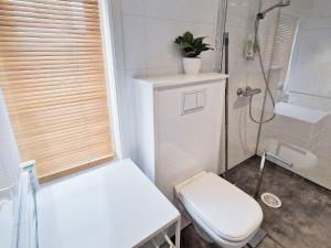 ein weißes Badezimmer mit Toilette und Dusche in der Unterkunft 7 person holiday home in Averøy-By Traum in Averoy + 29 Fotos