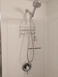 a shower with a shower head in a bathroom at Room with private bath across train station in Burlington