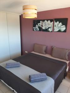 Zimmer mit 2 Betten und einem Sofa in der Unterkunft Stay In Tahiti- Bel F3 moderne avec magnifique vue Panoramique sur Papeete in Papeete