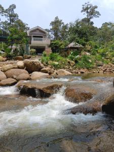 a river with rocks in front of a house at Dango1881muslim riverstay in Padang Rengas