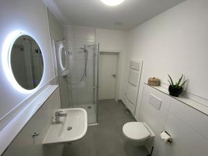 La salle de bains blanche est pourvue d'un lavabo et d'une douche. dans l'établissement Sanierter Altbau am Schloß, à Marktbreit