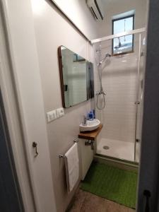 uma casa de banho com um lavatório e um chuveiro com um espelho. em The Liberty Terrace em Udine