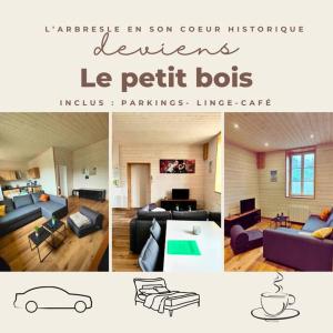 un collage de cuatro fotos de una sala de estar en Le petit bois - parking privé, en Éveux