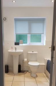 a bathroom with a sink and a toilet and a window at Peaceful marina-side house in north Wales in Caernarfon