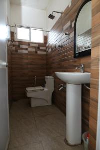 een badkamer met een wastafel, een toilet en een spiegel bij Lovely 2 Bedroom Apartment (With Bathroom& Kitchen) in Anuradhapura