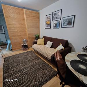 - un salon avec un canapé et un tapis dans l'établissement Saint Ouen Appartement cosy, à Saint-Ouen