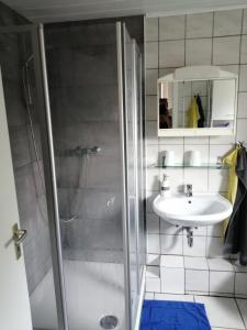 a bathroom with a shower and a sink at Das Ferienhäusle in Utarp