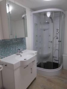 een witte badkamer met een wastafel en een douche bij La Petite Maison, idéal pour velo,pied,peche,relax in Mur-de-Bretagne