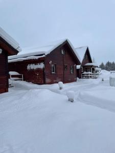 a house covered in snow next to a building at Skogen-Lodge in Koskullskulle