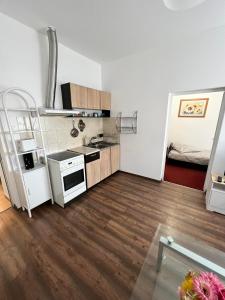 a small kitchen with a sink and a stove at Wohnung 18A in Lutherstadt Eisleben