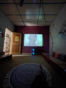 kot leżący na dywanie w pokoju z ekranem projekcyjnym w obiekcie Vedant’s B&B w mieście Bir