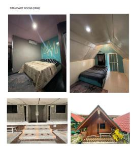 three pictures of a room with a bed and a house at INTAN CHALEt in Pangkor