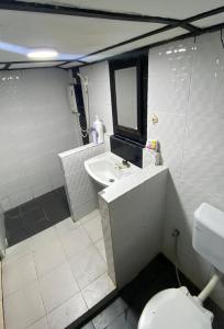 a bathroom with a sink and a toilet and a mirror at INTAN CHALEt in Pangkor