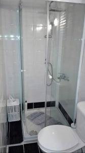 a bathroom with a toilet and a glass shower at CKBSM Athens Center Apartment 2 in Athens