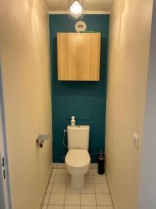 La salle de bains est pourvue de toilettes dans un mur vert. dans l'établissement Charming appartment nearby Paris - JO 2024, à Rueil-Malmaison