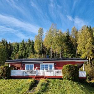 een rood huis op een heuvel met bomen bij Sunne Stugcenter 12 in Gräsmark