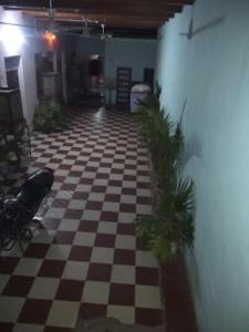 Habitación con suelo a cuadros y plantas en Prince Tourist Lodge,Fatehpur Sikri, en Fatehpur Sīkri