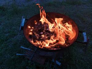 a grill with fire in it in the grass at Kotkan Residenssi Apartments in Kotka
