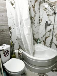 een badkamer met een toilet en een bad naast een toilet bij Smart Apartment in Chişinău