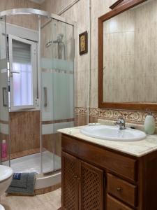 La salle de bains est pourvue d'un lavabo et d'une douche. dans l'établissement Apartamento Oporto, à Madrid