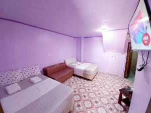 a purple room with two beds and a tv at Einel Homestay 2 in Siquijor