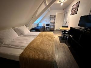 Hotel Buren في فيست تيرشخيلينج: غرفة نوم بسرير ومكتب وتلفزيون