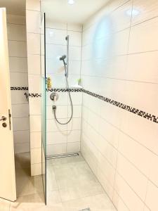 eine Dusche mit Glastür im Bad in der Unterkunft 2 Zimmer Traum NEU in BFH nähe Audi Lidl für 1-2 Personen in Bad Friedrichshall