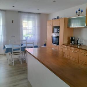 a kitchen with a counter top and a table at neutal-ferienapartments in Neutal