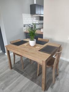 un tavolo in legno con una pianta in vaso in cucina di Blue Views Ocean at Brookes Hill Suites a Port Elizabeth