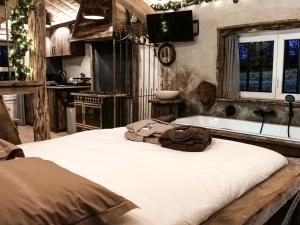 een slaapkamer met een groot bed en een bad bij Spacious holiday home in the woods in Bastenaken