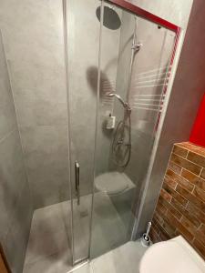 a shower stall in a bathroom with a toilet at B&B vis a vis Zamku in Malbork
