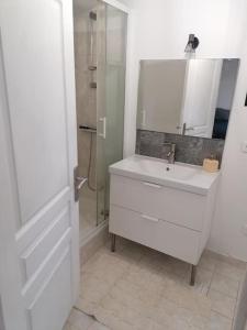 a white bathroom with a sink and a shower at Maisonnette indépendante in Morangis +2 photos