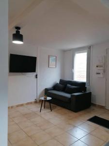 uma sala de estar com um sofá preto e uma televisão em Maisonnette indépendante em Morangis