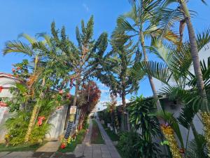 a street lined with palm trees and a sidewalk at Arahra Hotel in Aparecida de Goiânia