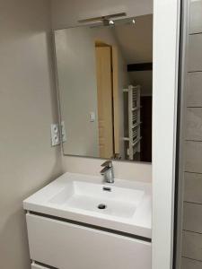 een badkamer met een witte wastafel en een spiegel bij Etage privé in Blainville-sur-lʼEau