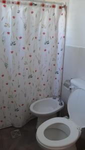 a bathroom with a toilet and a shower curtain at Paz y Vino in Ciudad Lujan de Cuyo