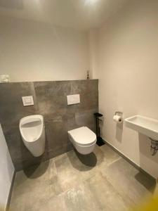 een badkamer met een toilet, een bidet en een wastafel bij Appartement Tannenhof I in Ramsau am Dachstein