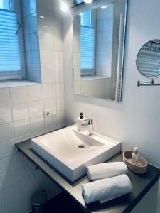 W białej łazience znajduje się umywalka i lustro. w obiekcie Kremslodge w mieście Krems an der Donau