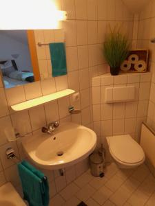 a bathroom with a sink and a toilet and a mirror at Ferienwohnung Bergblick in Imst