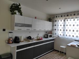 a kitchen with white cabinets and a counter top at Pokoje Gościnne u Kasi in Międzywodzie