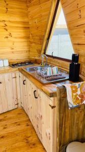 a kitchen with a sink in a wooden cabin at Domo Papudo in Papudo