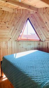 1 dormitorio con ventana grande en una habitación de madera en Domo Papudo, en Papudo