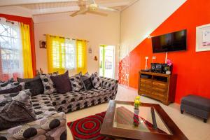 een woonkamer met een bank en een tv bij Ocho Rios Drax Hall 1 Bedroom sleeps 1-3 persons in Saint Annʼs Bay