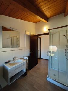 a bathroom with a sink and a glass shower at La casetta del borgo in Medicina